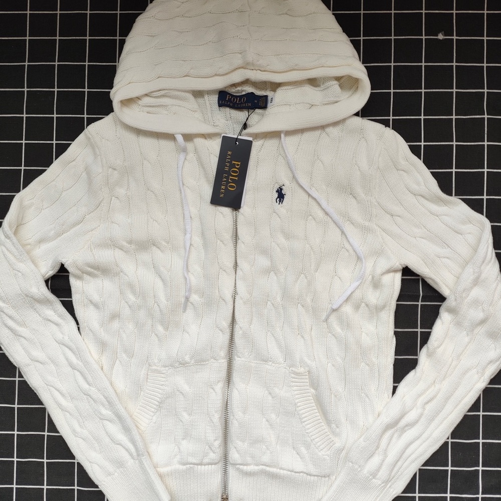 Ralph Lauren Cream Cable Knit Zip-Up Hoodie with Navy Pony Logo
